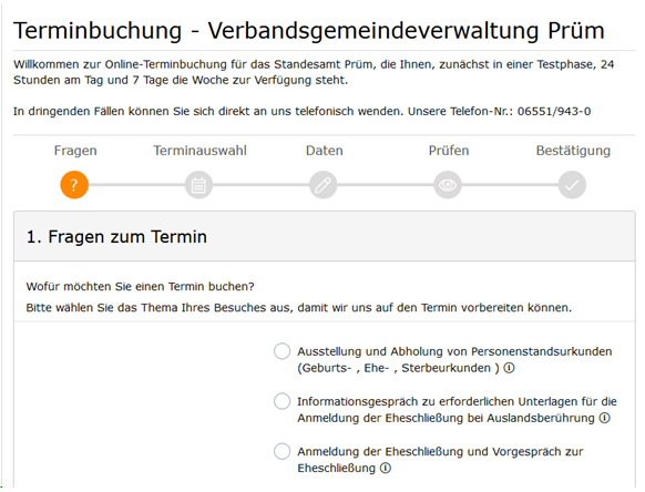 Screenshot der Homepage Terminbuchung
