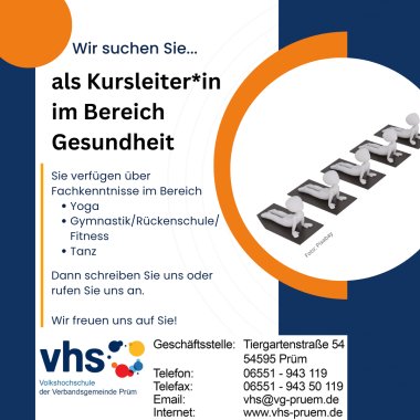 VHS Kursleiter Gesundheit - 1 Ausschreibung Kursleitersuche VHS - Link öffnet seitenüberlagerndes Dialog-Fenster