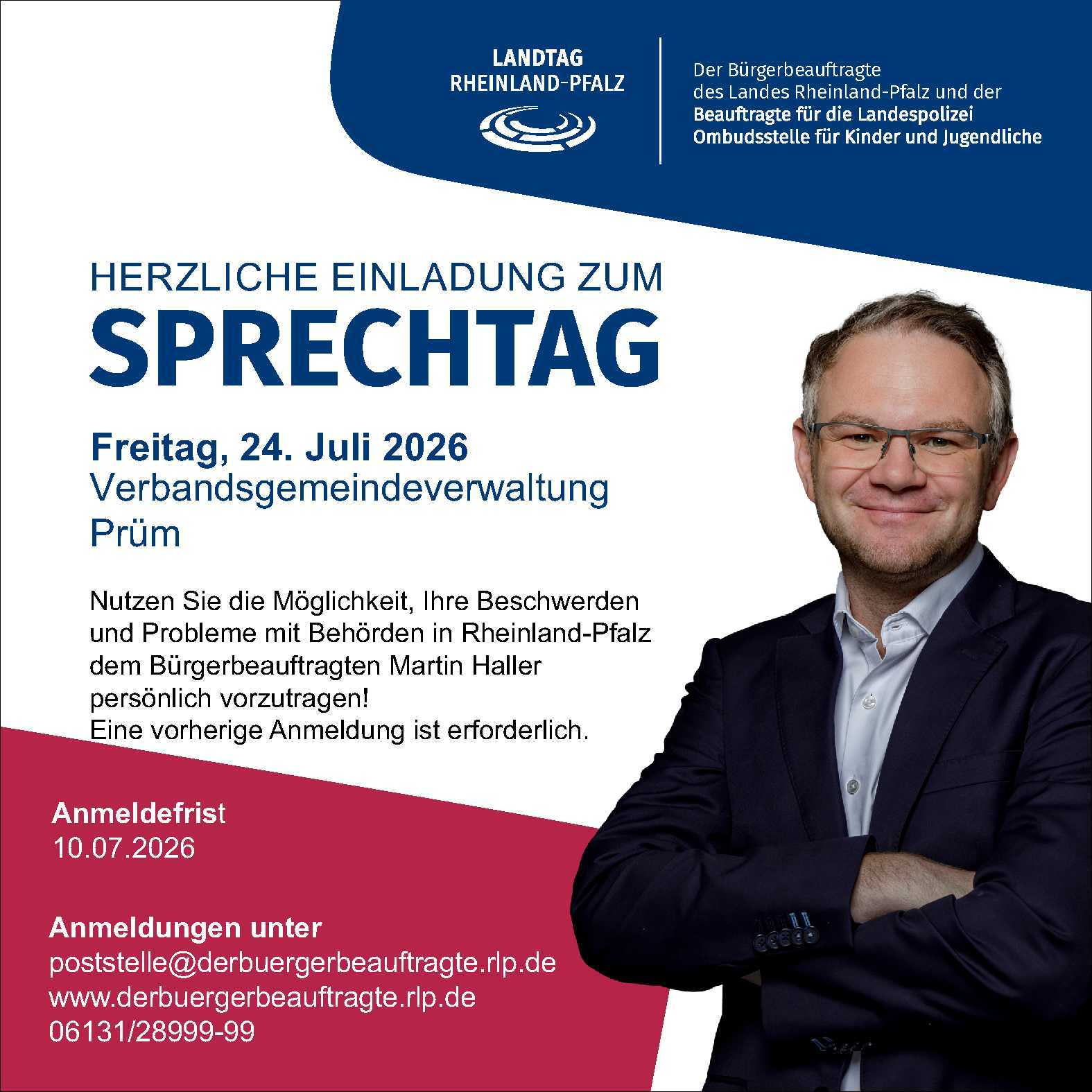 Sprechtag des Bürgerbeauftragten des Landes Rheinland-Pfalz am 24.07.2026 in Prüm