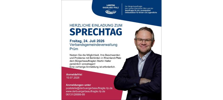 Sprechtag des Bürgerbeauftragten des Landes Rheinland-Pfalz am 24.07.2026 in Prüm