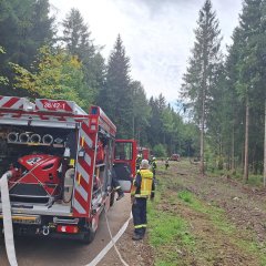 Feuerwehrautos mit Feuerwehrmännern, die den Waldbrand in der Schneifel simulieren