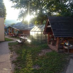 Außenbereich mit Sitzgelegenheit und Gewächshaus Das Bild zeigt einen Garten- oder Außenbereich, der von Bäumen umgeben ist. In der Mitte steht ein Gewächshaus, das durch das einfallende Licht in warmen Tönen strahlt. Es gibt auch eine Holzstruktur, wahrscheinlich ein Spielhaus oder eine Sitzgelegenheit. Rund um den Weg sind Rasenflächen zu sehen, und im Hintergrund sind bunte Gebäude, die gut in die natürliche Umgebung integriert sind.